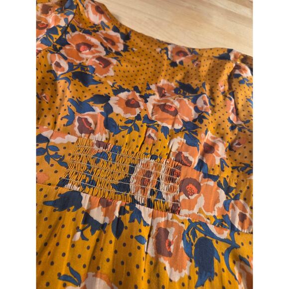 Free People Mustard Yellow Floral Long Sleeve Knee Length Dress Size 4 Elastic - Picture 14 of 15